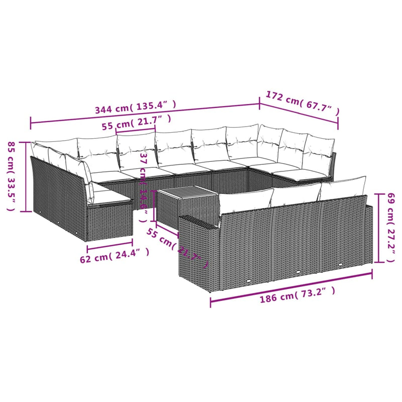 vidaXL 14 Piece Garden Sofa Set with Cushions Grey Poly Rattan