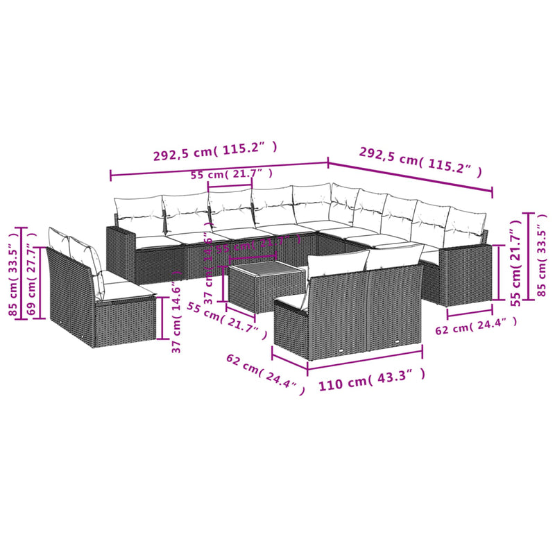 vidaXL 14 Piece Garden Sofa Set with Cushions Black Poly Rattan