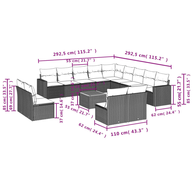 vidaXL 14 Piece Garden Sofa Set with Cushions Black Poly Rattan