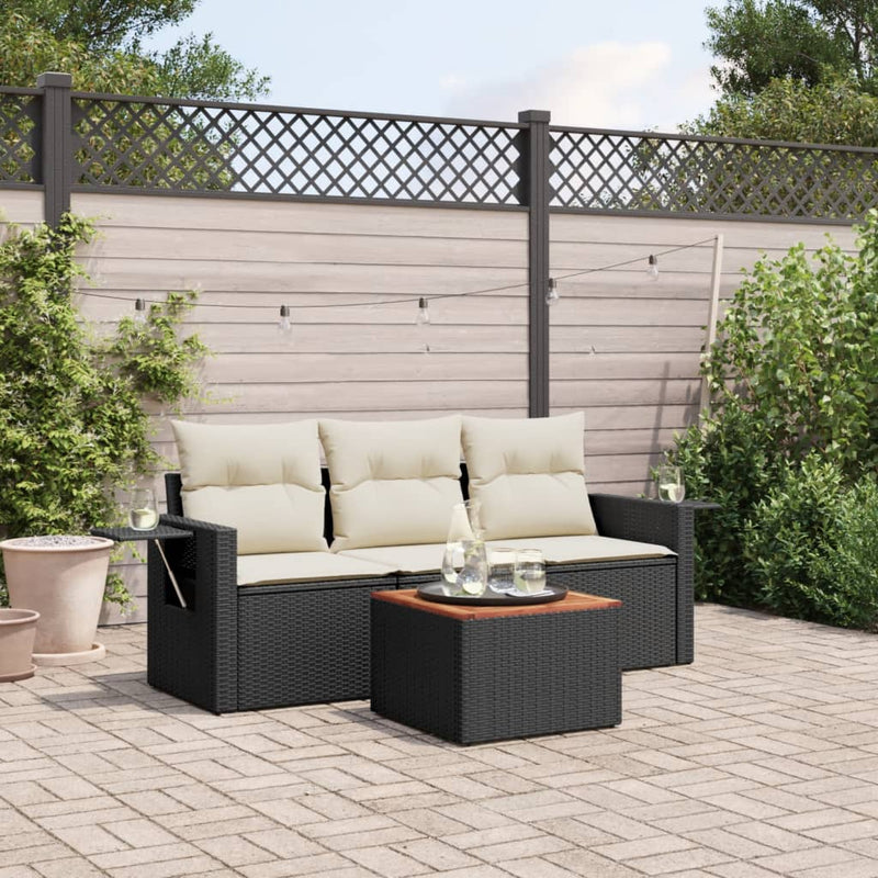 vidaXL 4 Piece Garden Sofa Set with Cushions Black Poly Rattan