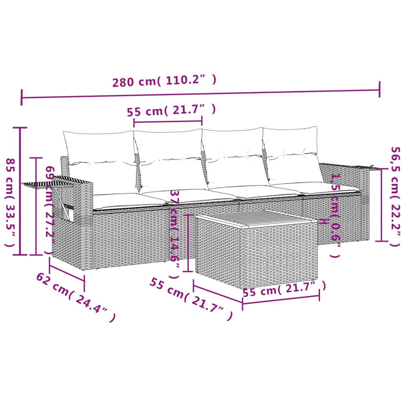 vidaXL 5 Piece Garden Sofa Set with Cushions Black Poly Rattan