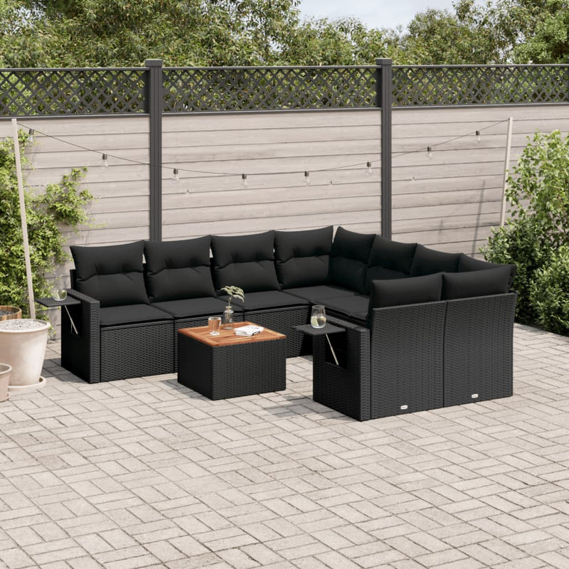 vidaXL 9 Piece Garden Sofa Set with Cushions Black Poly Rattan