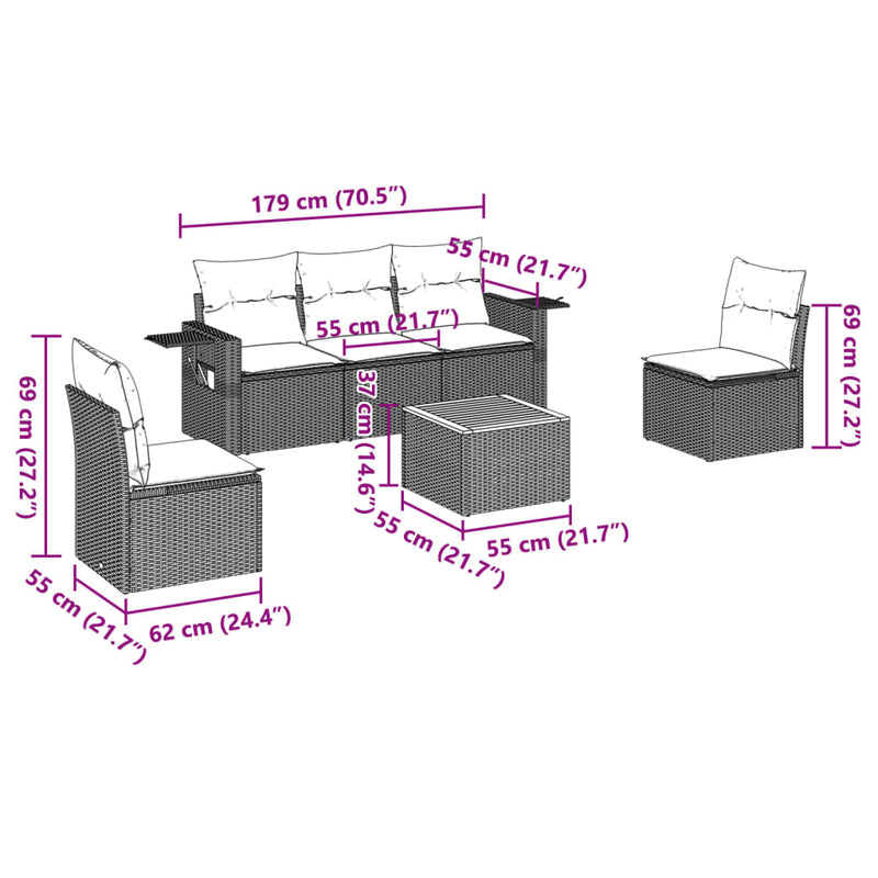 6 Piece Garden Sofa Set with Cushions Grey Poly Rattan