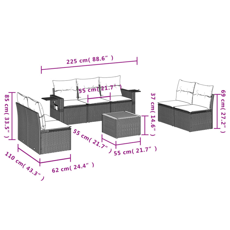 vidaXL 8 Piece Garden Sofa Set with Cushions Black Poly Rattan