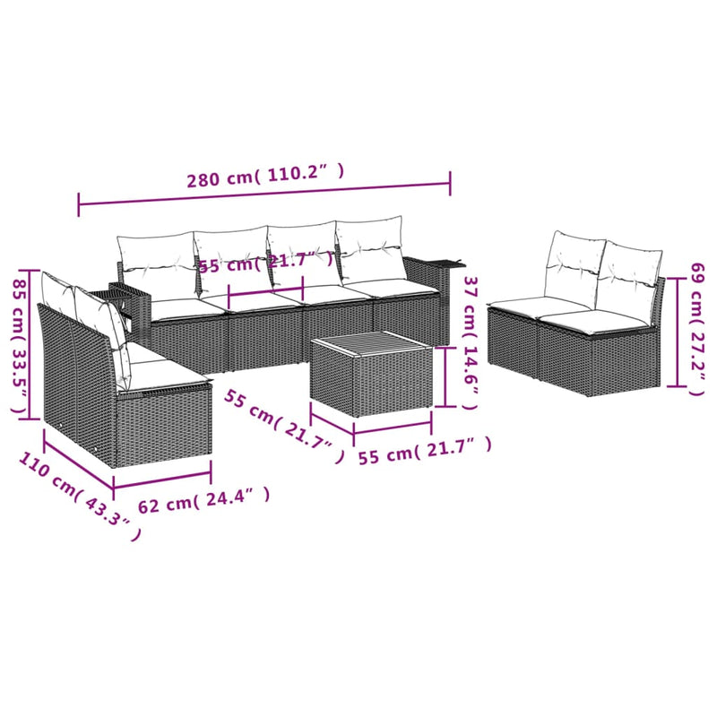 vidaXL 9 Piece Garden Sofa Set with Cushions Grey Poly Rattan