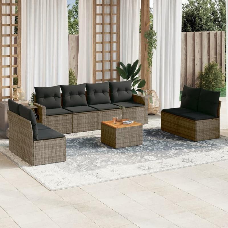 9 Piece Garden Sofa Set with Cushions Grey Poly Rattan