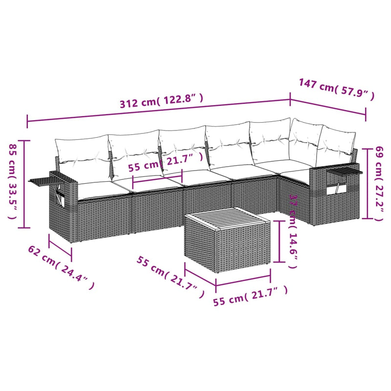 7 Piece Garden Sofa Set with Cushions Grey Poly Rattan