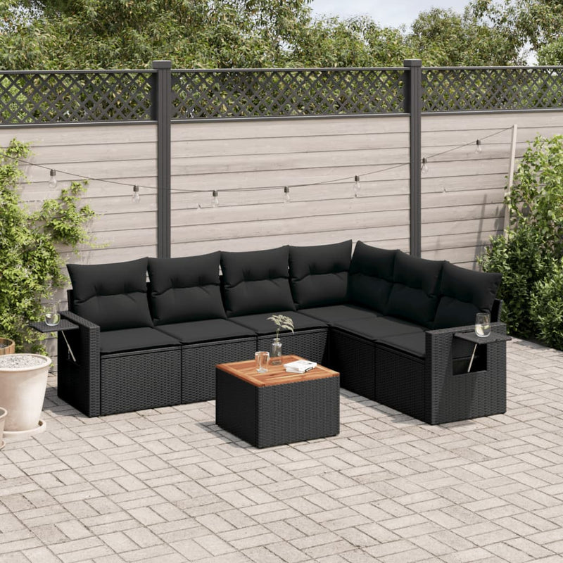 vidaXL 7 Piece Garden Sofa Set with Cushions Black Poly Rattan
