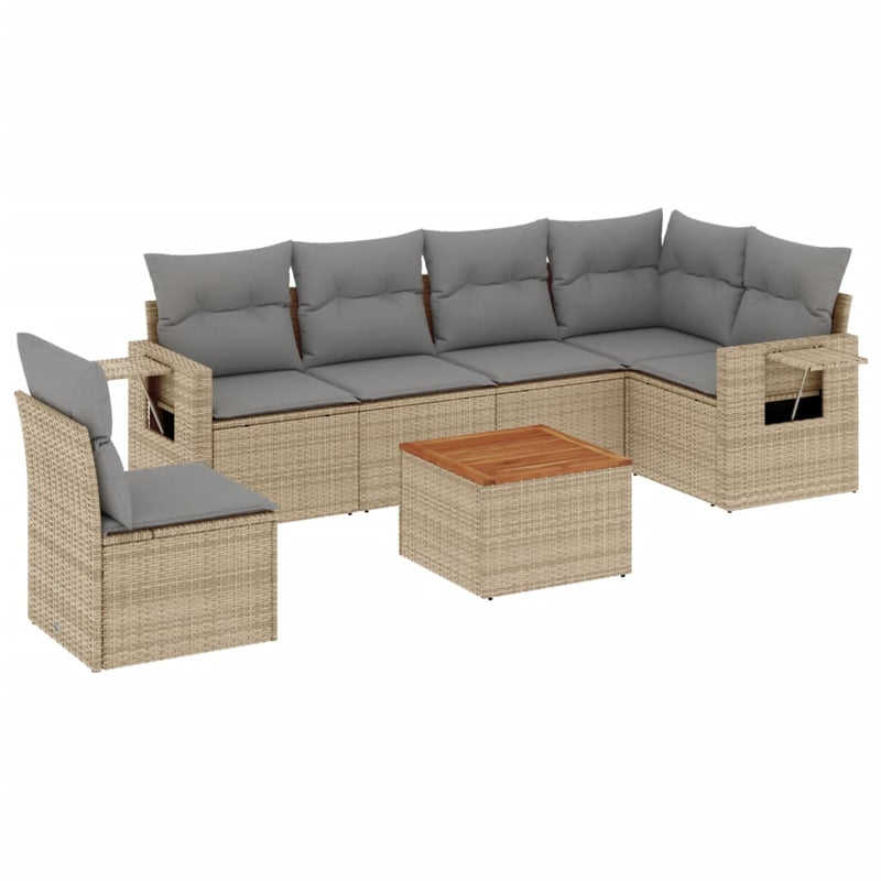 7 Piece Garden Sofa Set with Cushions Beige Poly Rattan