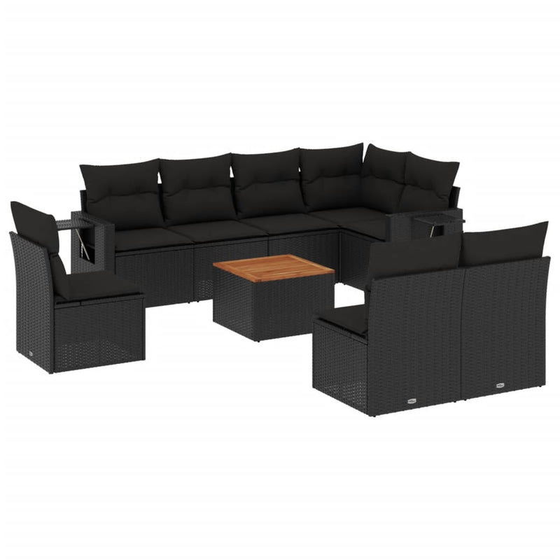 vidaXL 9 Piece Garden Sofa Set with Cushions Black Poly Rattan