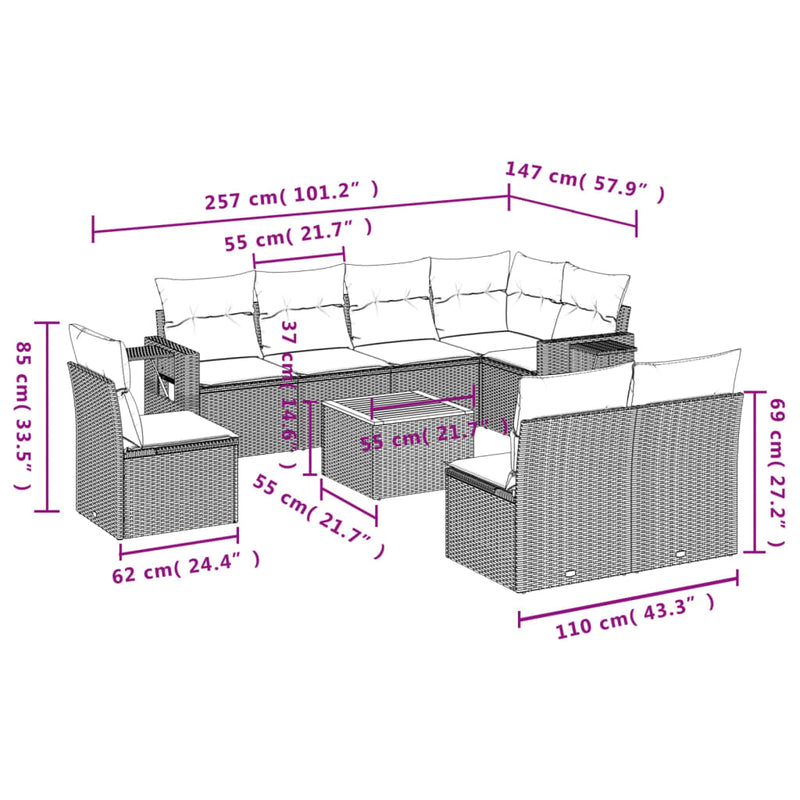 vidaXL 9 Piece Garden Sofa Set with Cushions Grey Poly Rattan