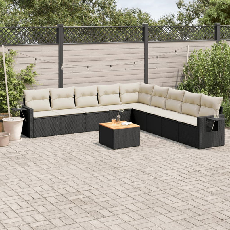 vidaXL 10 Piece Garden Sofa Set with Cushions Black Poly Rattan