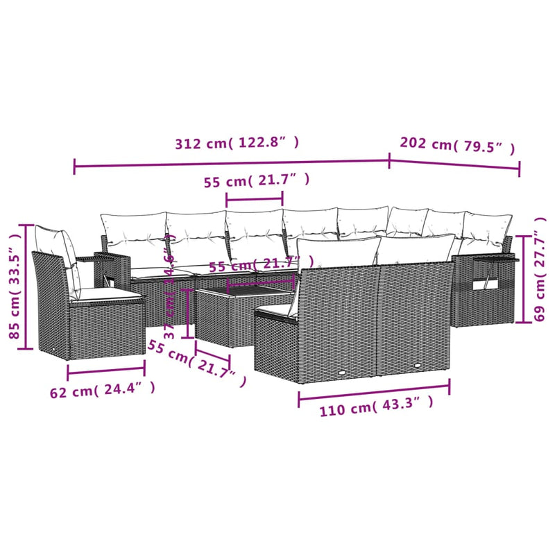 vidaXL 11 Piece Garden Sofa Set with Cushions Black Poly Rattan
