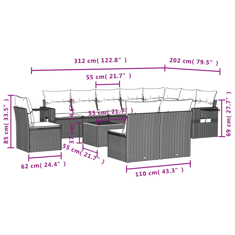 vidaXL 11 Piece Garden Sofa Set with Cushions Grey Poly Rattan
