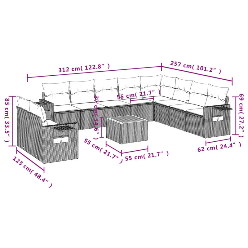 11 Piece Garden Sofa Set with Cushions Grey Poly Rattan