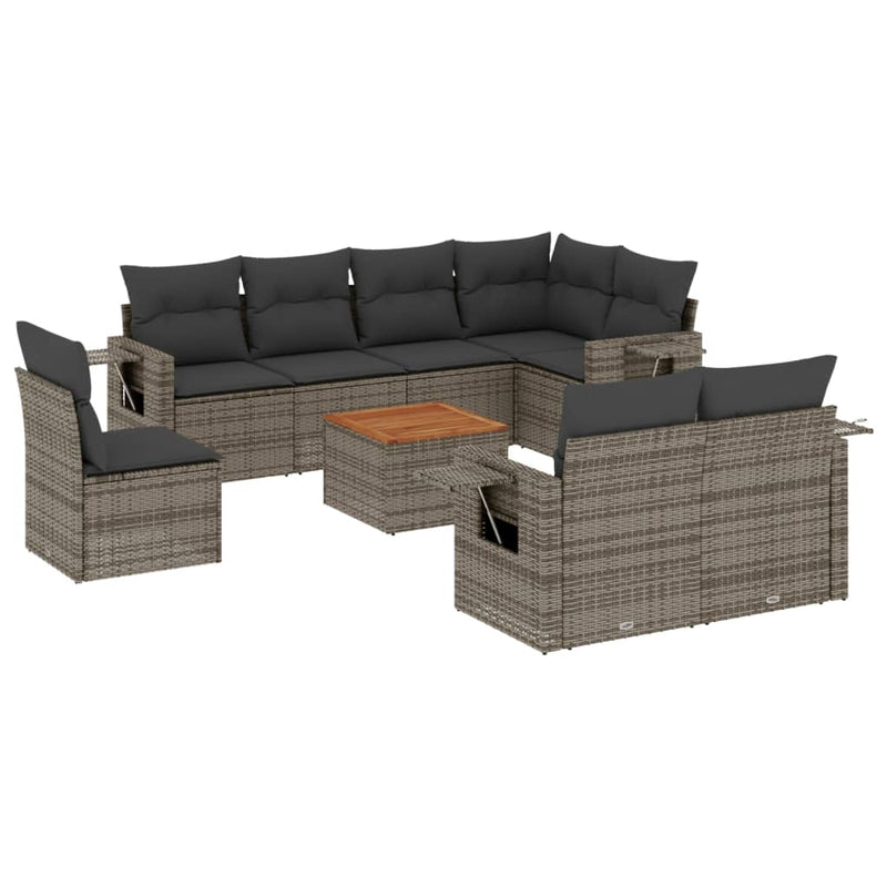 9 Piece Garden Sofa Set with Cushions Grey Poly Rattan