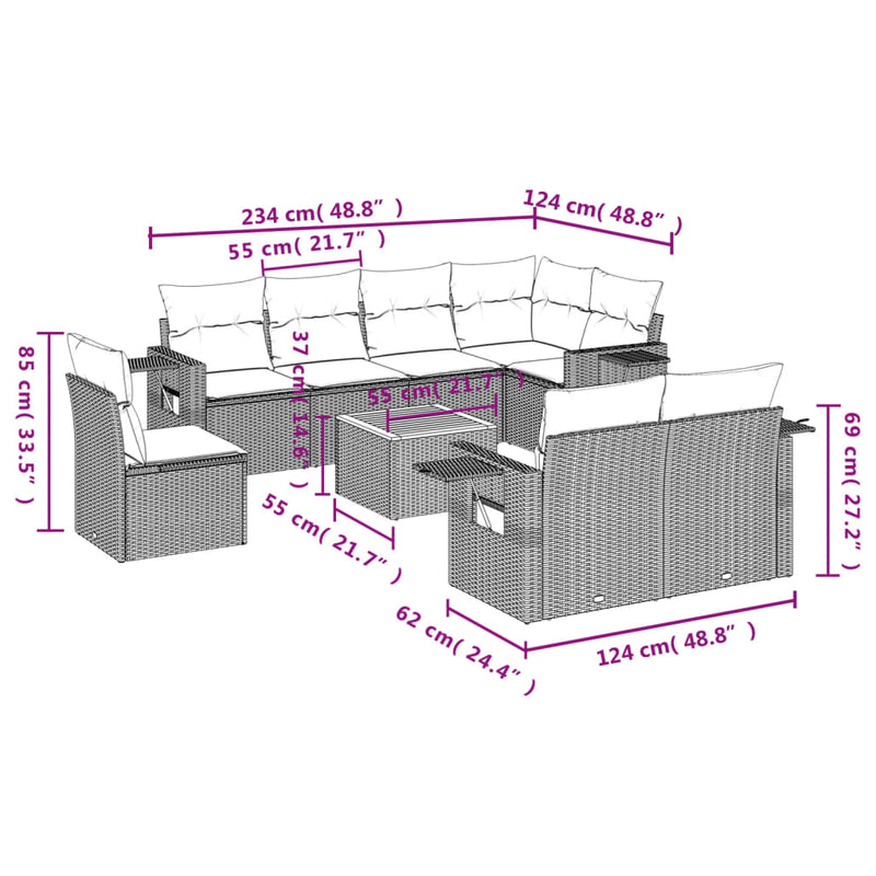 vidaXL 9 Piece Garden Sofa Set with Cushions Grey Poly Rattan