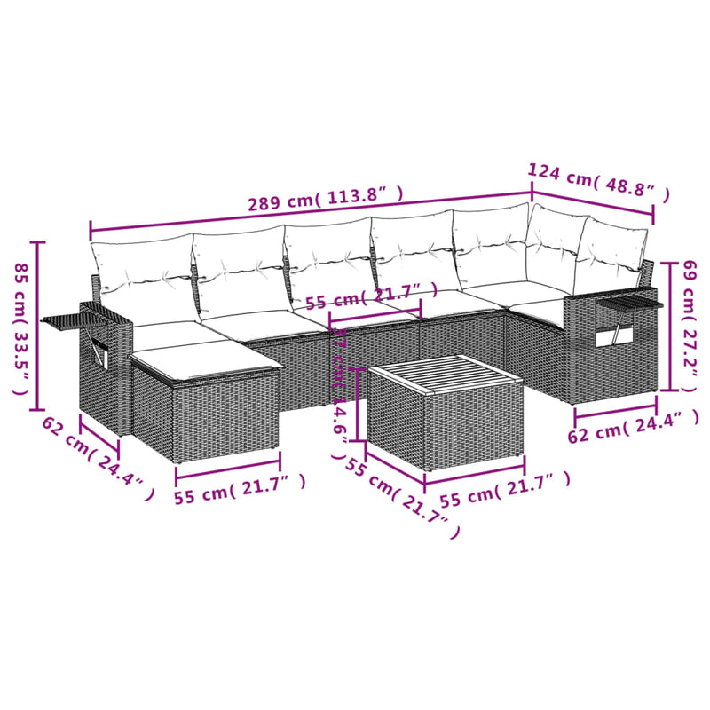 vidaXL 8 Piece Garden Sofa Set with Cushions Grey Poly Rattan