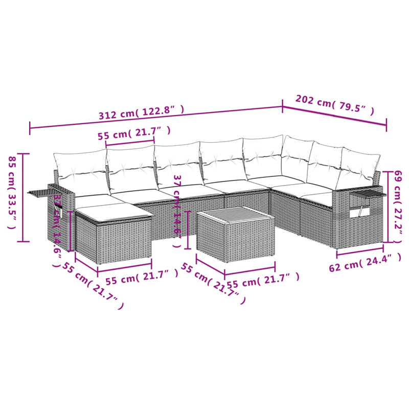 vidaXL 9 Piece Garden Sofa Set with Cushions Grey Poly Rattan