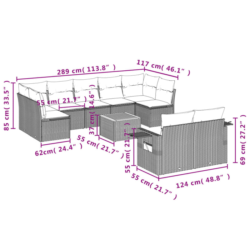 vidaXL 10 Piece Garden Sofa Set with Cushions Grey Poly Rattan