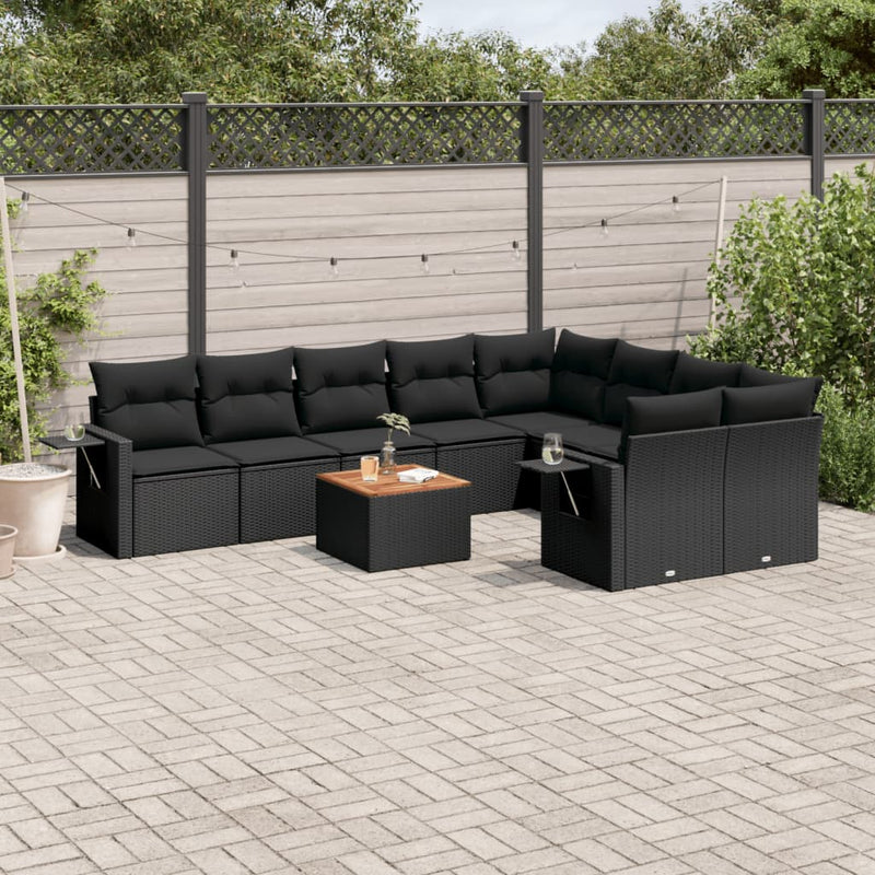 vidaXL 10 Piece Garden Sofa Set with Cushions Black Poly Rattan