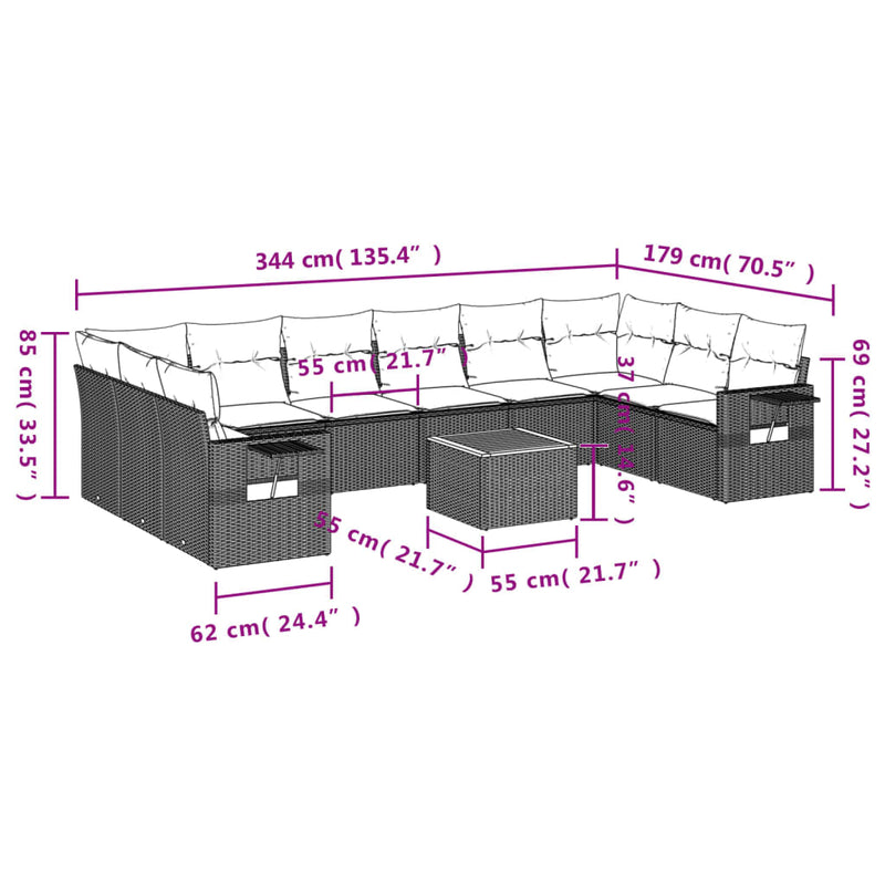 vidaXL 11 Piece Garden Sofa Set with Cushions Grey Poly Rattan