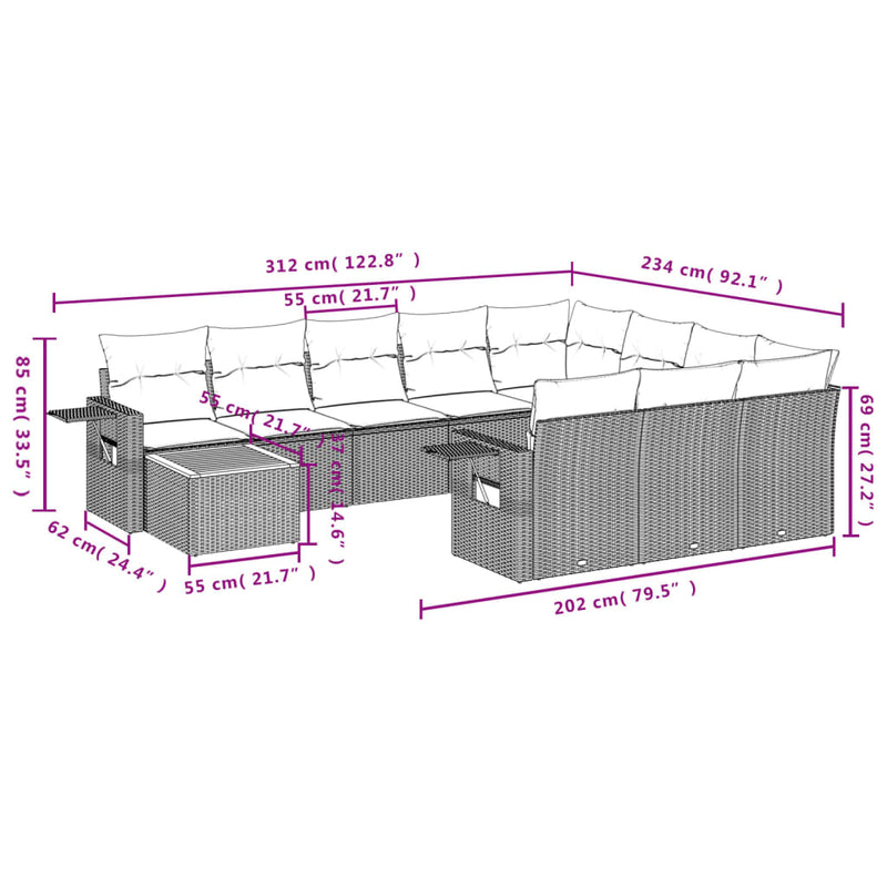 11 Piece Garden Sofa Set with Cushions Grey Poly Rattan