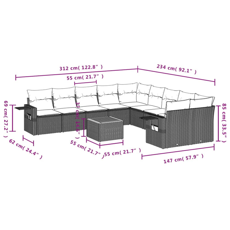 vidaXL 11 Piece Garden Sofa Set with Cushions Grey Poly Rattan