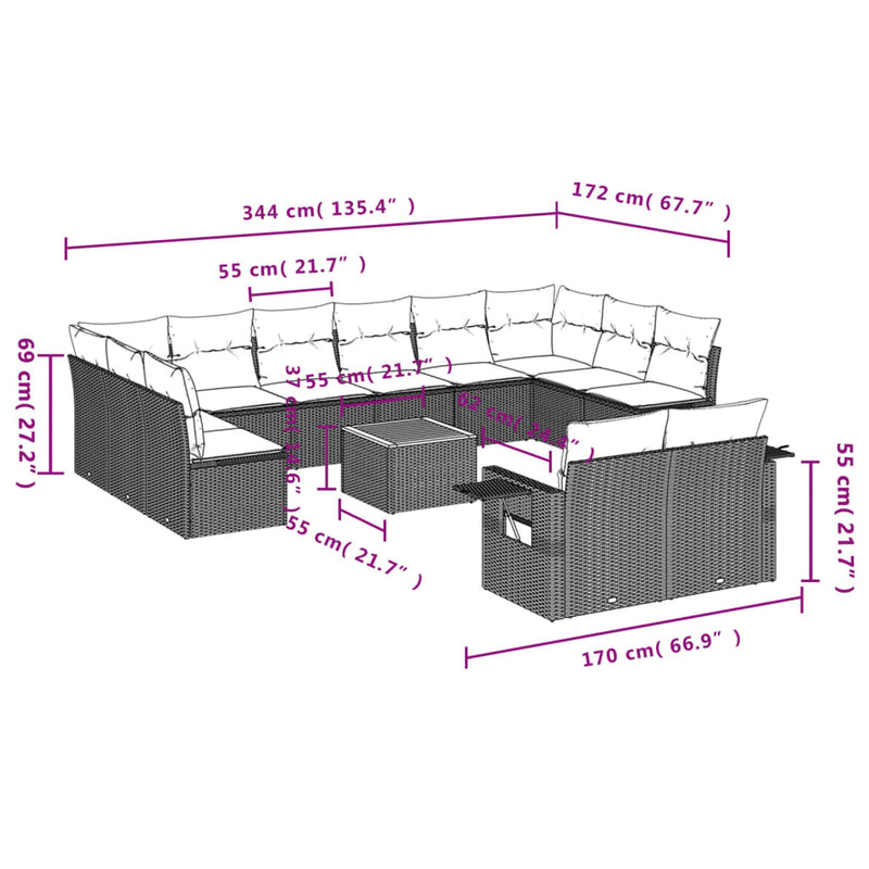 vidaXL 13 Piece Garden Sofa Set with Cushions Grey Poly Rattan