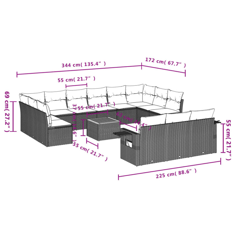 vidaXL 14 Piece Garden Sofa Set with Cushions Grey Poly Rattan