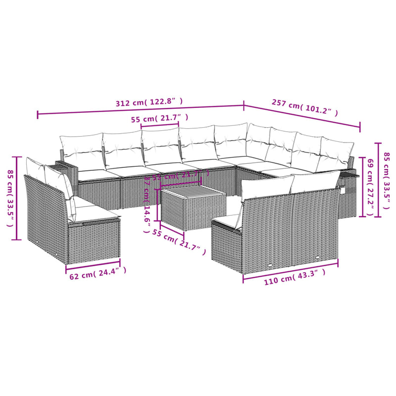 vidaXL 13 Piece Garden Sofa Set with Cushions Grey Poly Rattan