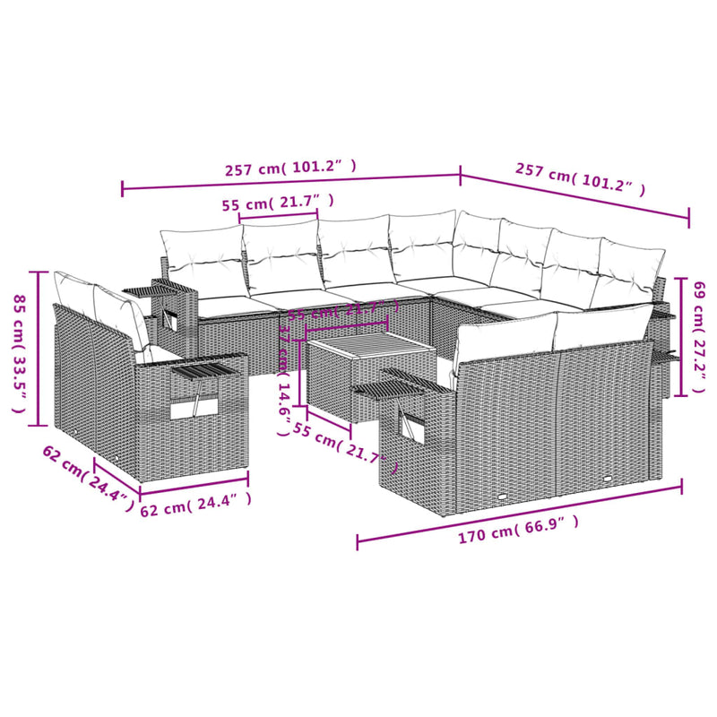 vidaXL 12 Piece Garden Sofa Set with Cushions Grey Poly Rattan