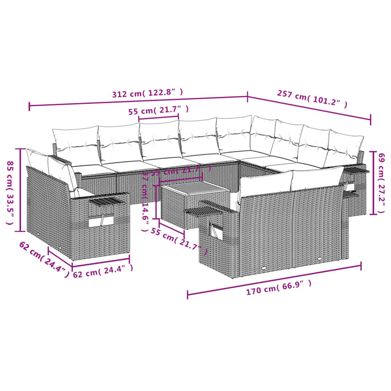vidaXL 13 Piece Garden Sofa Set with Cushions Grey Poly Rattan