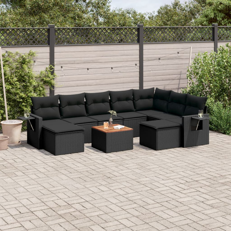 vidaXL 10 Piece Garden Sofa Set with Cushions Black Poly Rattan