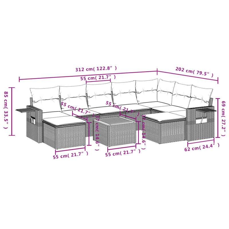 vidaXL 10 Piece Garden Sofa Set with Cushions Grey Poly Rattan