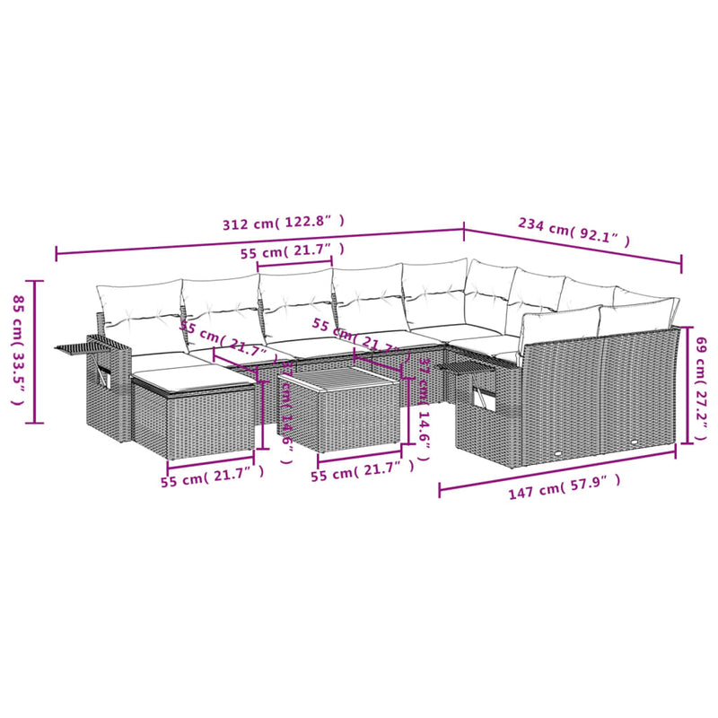vidaXL 11 Piece Garden Sofa Set with Cushions Black Poly Rattan