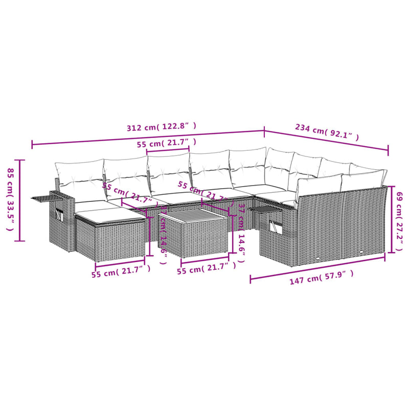 vidaXL 11 Piece Garden Sofa Set with Cushions Grey Poly Rattan