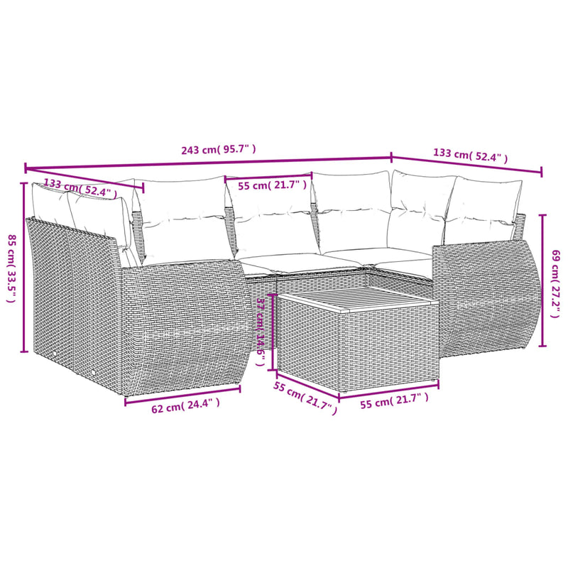 vidaXL 7 Piece Garden Sofa Set with Cushions Grey Poly Rattan