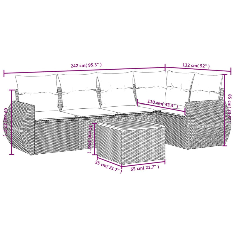vidaXL 6 Piece Garden Sofa Set with Cushions Grey Poly Rattan