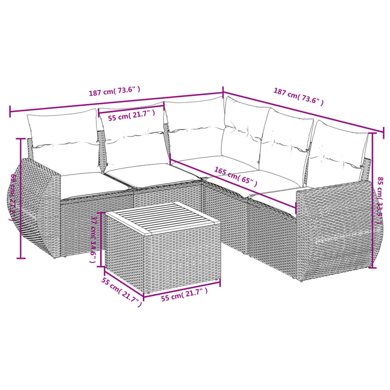 vidaXL 6 Piece Garden Sofa Set with Cushions Grey Poly Rattan