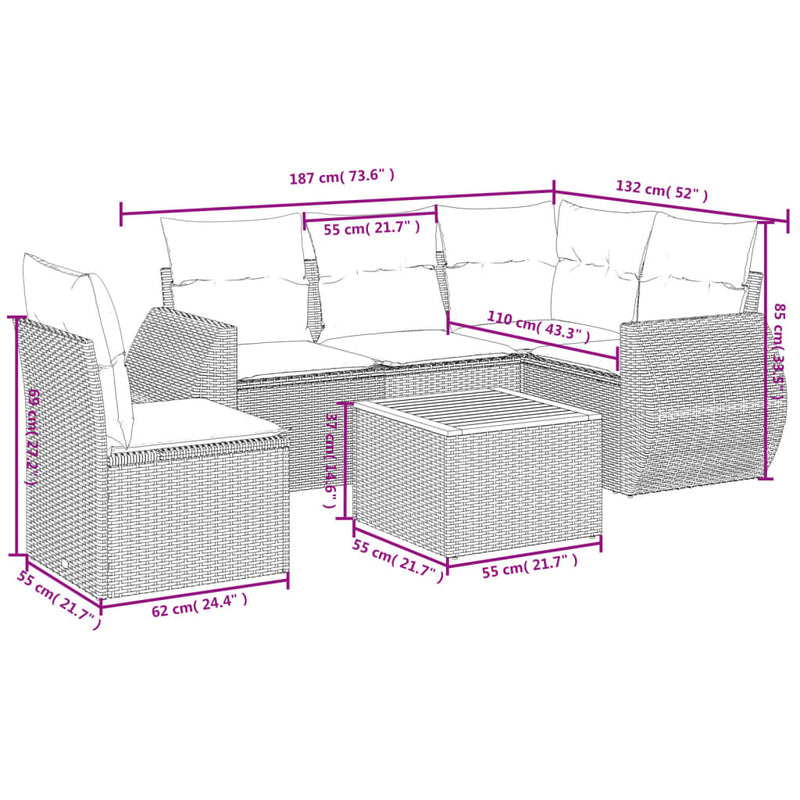 vidaXL 6 Piece Garden Sofa Set with Cushions Grey Poly Rattan