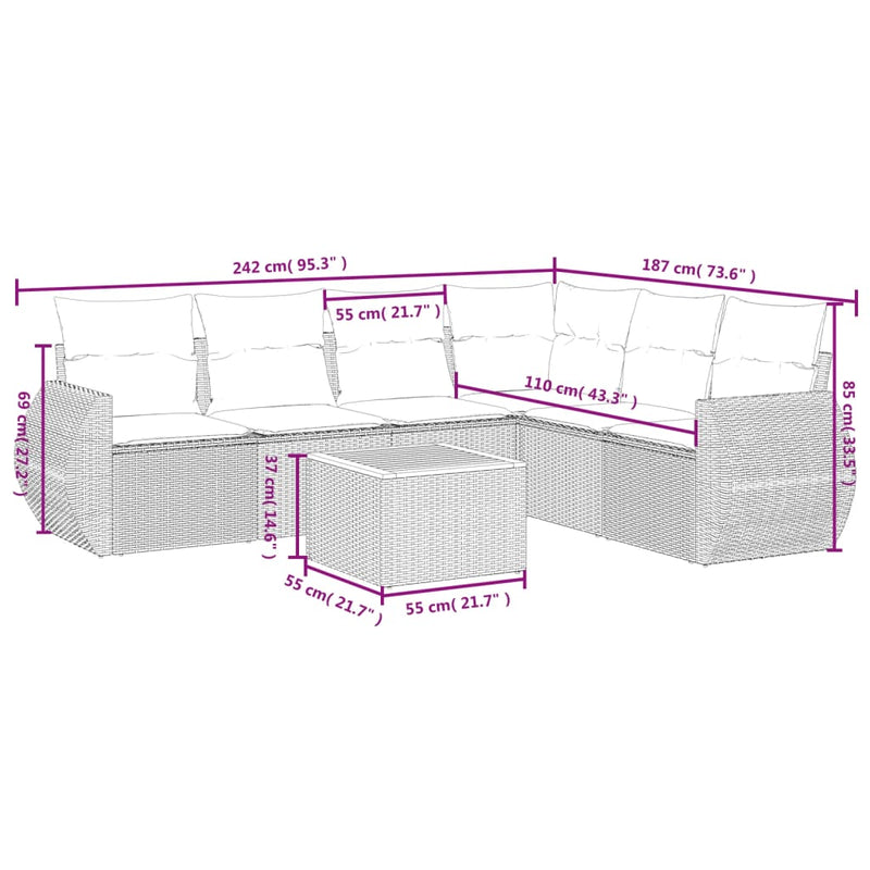 vidaXL 7 Piece Garden Sofa Set with Cushions Grey Poly Rattan