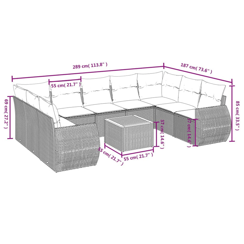 vidaXL 10 Piece Garden Sofa Set with Cushions Grey Poly Rattan