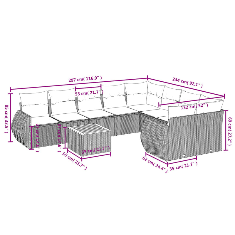 vidaXL 10 Piece Garden Sofa Set with Cushions Grey Poly Rattan