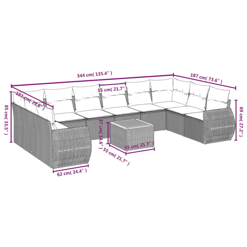 vidaXL 11 Piece Garden Sofa Set with Cushions Grey Poly Rattan