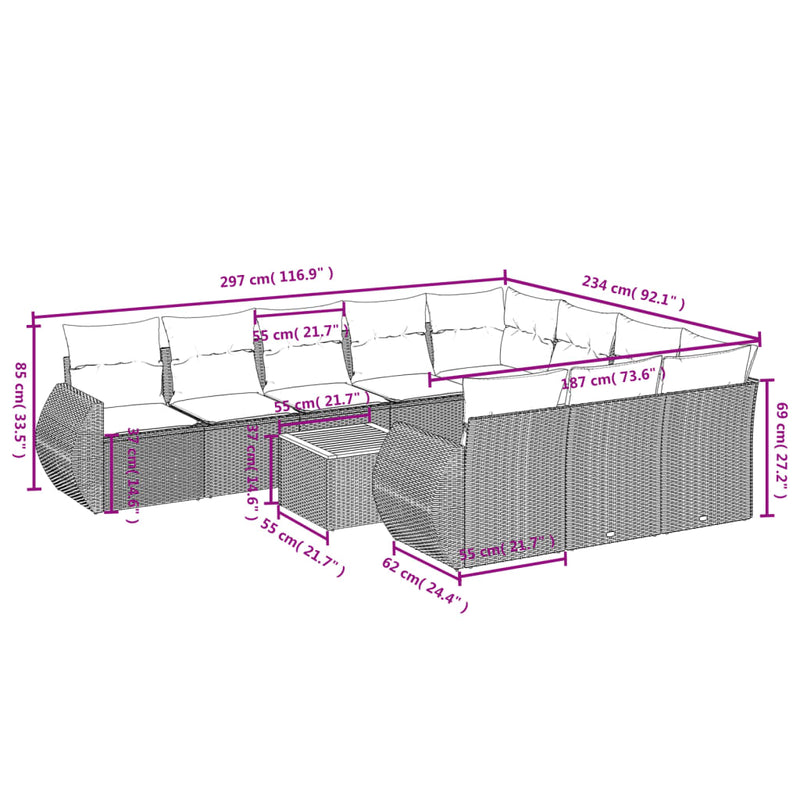 vidaXL 11 Piece Garden Sofa Set with Cushions Grey Poly Rattan