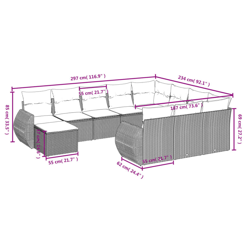 vidaXL 11 Piece Garden Sofa Set with Cushions Grey Poly Rattan