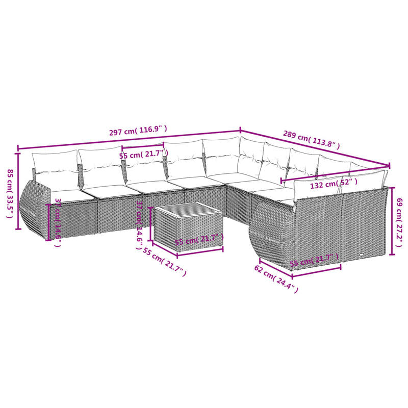 vidaXL 11 Piece Garden Sofa Set with Cushions Grey Poly Rattan
