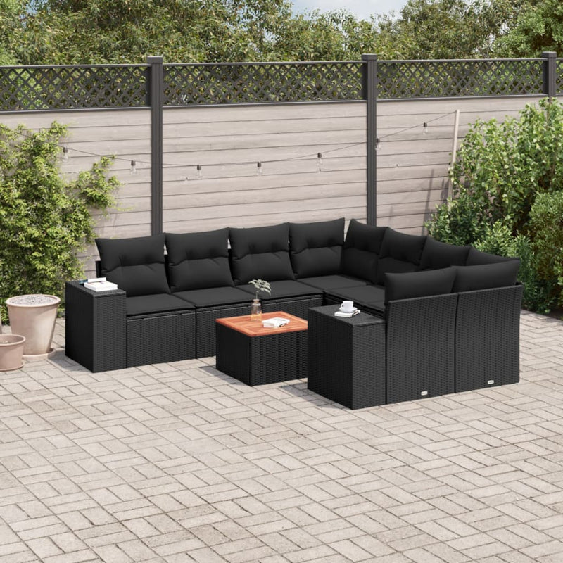 vidaXL 9 Piece Garden Sofa Set with Cushions Black Poly Rattan