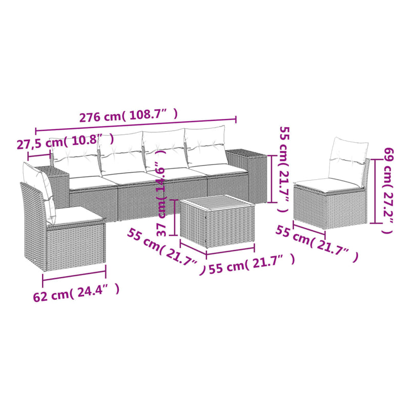 7 Piece Garden Sofa Set with Cushions Grey Poly Rattan